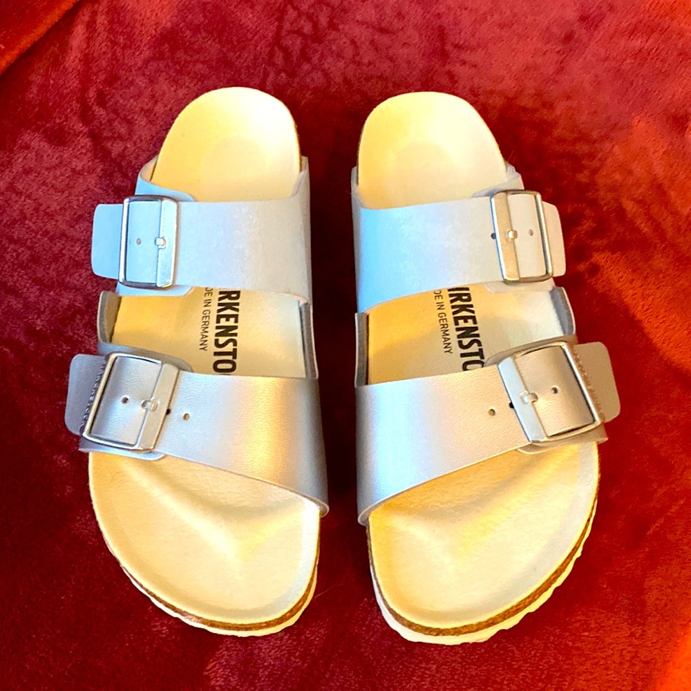Size 37 Birkenstock silver/powder blue sandals